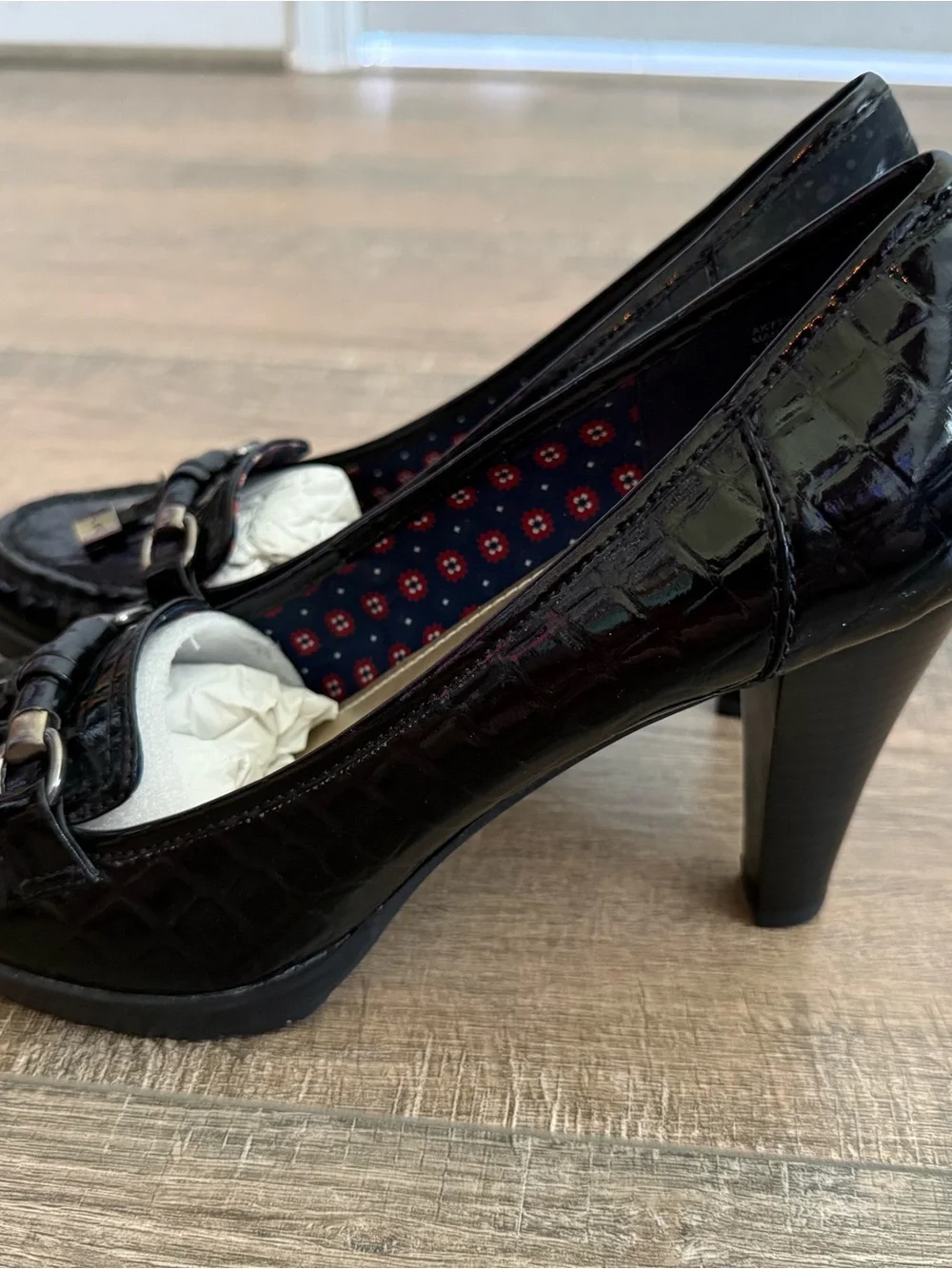 Anne Klein Black Patent Croc-Embossed Loafers with Metallic Accents